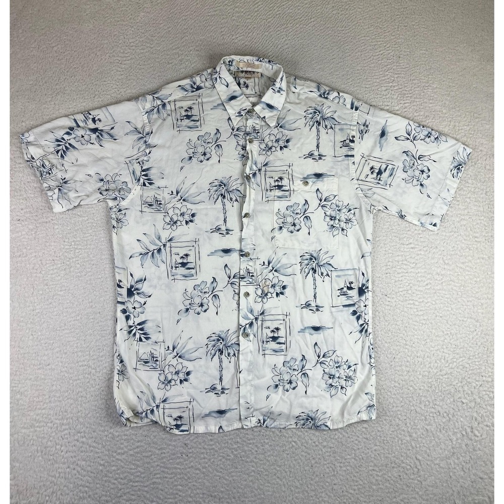 Campia Moda Mens Medium White Floral Hawaiian Rayon Button Up Shirt Short Sleeve